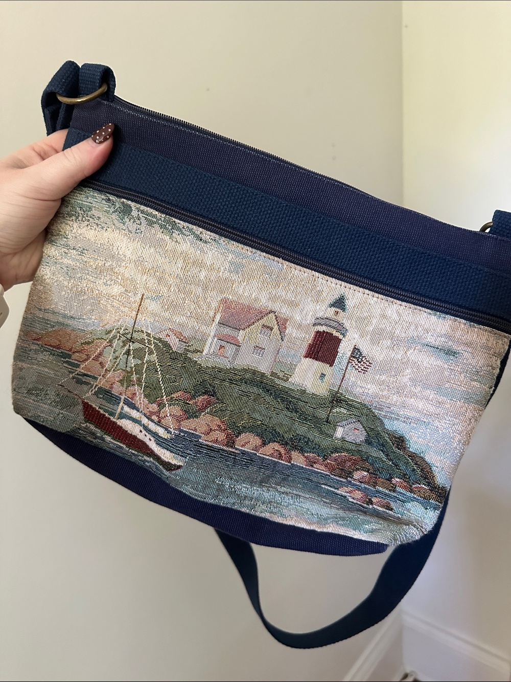 MY MAINE BAG Vintage Embroidered Tapestry Coastal Lighthouse Novelty Satchel